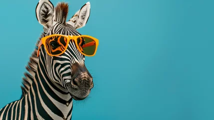Gordijnen Stylish zebra with orange sunglasses on a blue © John