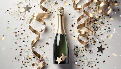 champagne bottle with confetti stars and party streamers on white festive background christmas birthday or wedding concept flat lay - obrazy, fototapety, plakaty