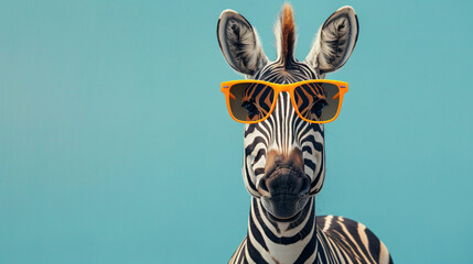 Stylish zebra with orange sunglasses on a blue - obrazy, fototapety, plakaty