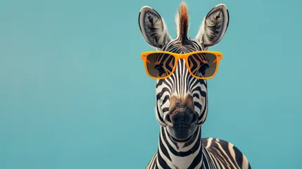 Foto auf Acrylglas Stylish zebra with orange sunglasses on a blue © John