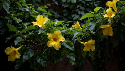 nature frame of twisted climbing vines with glossy green leaves and yellow flowers of yellow allamanda or common trumpet vine the ornamental flowering plant