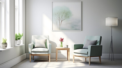 Modern living room with furniture, room for a waiting, therapist session, supportive atmosphere 