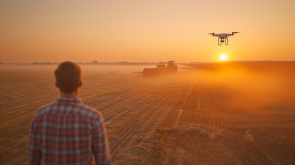 Fototapeta premium Drones and Smart Tractors in Action 