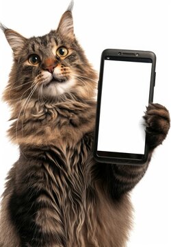 Adorable Norwegian Forest Cat Posing Gracefully with Blank Smartphone Screen, Symbolizing Technology and Connectivity Concept