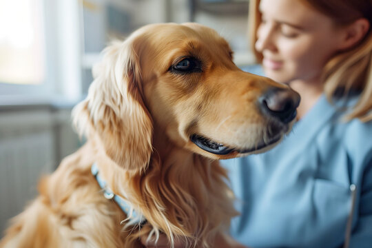A close-up of a dog being vaccinated against diseases in an animal clinic, with a blurred image of a female veterinarian checking the dog's condition.
