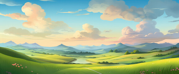 Idyllic gradient countryside with rolling hills and a vibrant sky, capturing the cutest and most beautiful rural landscape.