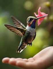 A hummingbird landing on a hand in nature Generative AI