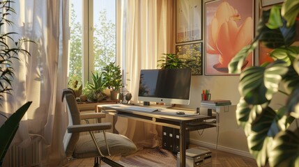 A serene, photorealistic hybrid workspace blending home comforts with professional gear, bathed in natural light for peak productivity. AI generated