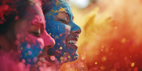 Holi festival widescreen banner. Happy Indian girls surrounded by pink powder at Holi festival.