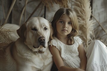 Little girl with her dog sitting at home