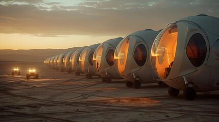 Futuristic architectural settlement on the planet Mars. Image of future space tourism - obrazy, fototapety, plakaty