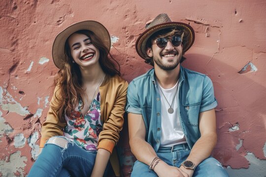 Happy young couple sitting in hats and casual clothes