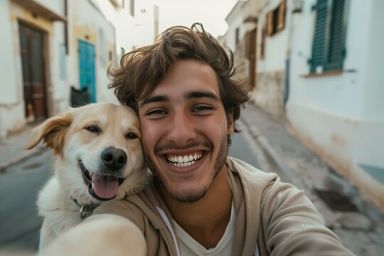 happy young boy with his dog