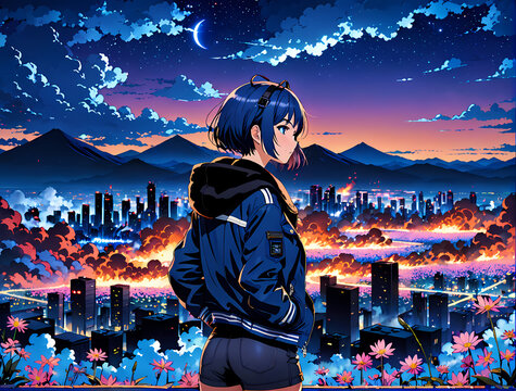 Anime manga girl in bomber jacket in front of burning city