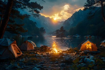 Camping area with tents next to a river at sunset. Summer vacation image - obrazy, fototapety, plakaty