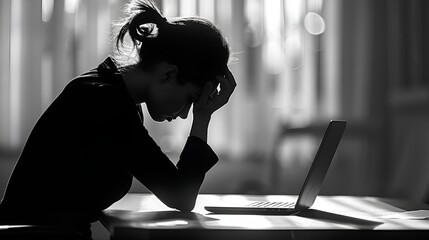 A silhouette of a frustrated, stressed and overworked woman working on a laptop.
