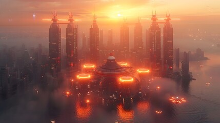 Aerial view of a futuristic megacity at sunset