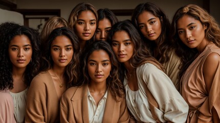 Obraz premium Seven Women in Earth-Toned Attire Pose in Harmony 