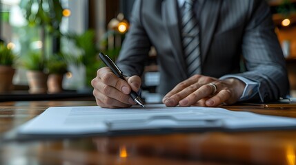Man in a suit in an office signing documents. Business image