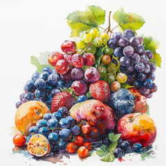 A dynamic watercolor artwork with a splash effect, displaying apples, kiwi, and an assortment of berries.