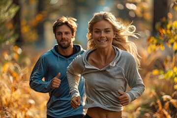 Portrait of a young couple running and exercising in a park outdoors