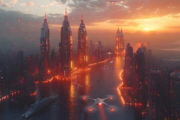Aerial view of a futuristic megacity at sunset