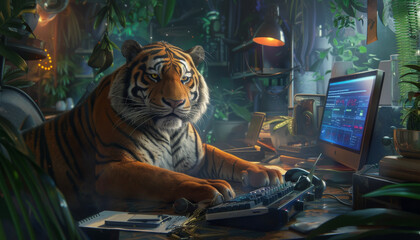 Fototapeta na wymiar Jungle Tech Office: Human Tiger at Work 