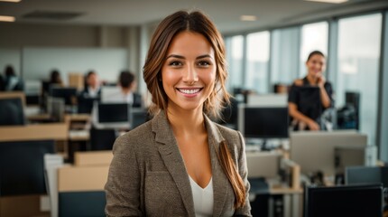 Smiling confident lady in busy corporate setting 