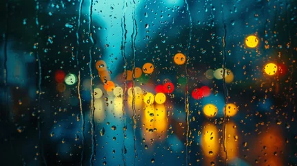 Fotobehang Rain drops on window glass, abstract background with bokeh effect. Rain drops with city lights background. © nataliia_ptashka