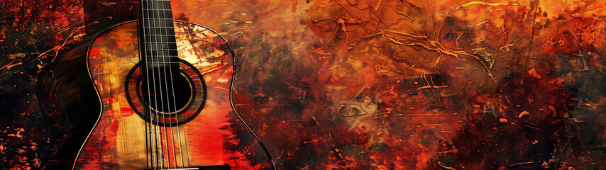 Abstract background illustration of a acoustic guitar with grunge noise and colorful texture. Music industry theme. Generative AI