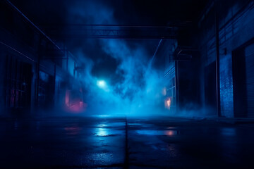 Generative AI image of a dark empty street, dark blue background, an empty dark scene, neon light, spotlights