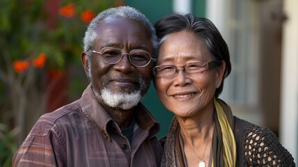 A portrait of a happy mixed-race elderly couple