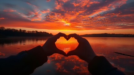 A silhouette of a person making a heart symbol with hands on the beach during sunset.