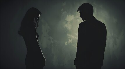 A silhouette of a separated couple in the dark - obrazy, fototapety, plakaty