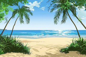 Fototapeta na wymiar Tropical beach scene with palm trees and clear blue sky in a serene landscape