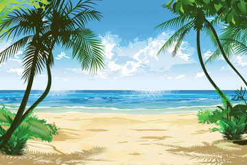 Tropical beach scenery with palm trees and a distant horizon