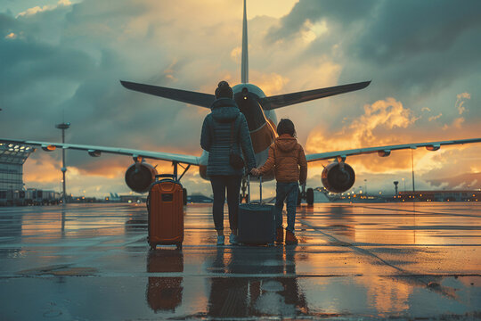 person walking with a trolley bag going for vacation, Travel, traveler in airport with a large suitcase, travel agency, luggage at the airport ,airplane flying over the clouds, passports, holiday