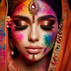 Portrait of a girl with holi makeup. Indian bride portrait.
