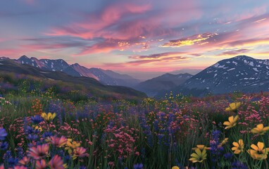 A high mountain meadow with wildflowers, under a sky streaked with the colors of the dawn