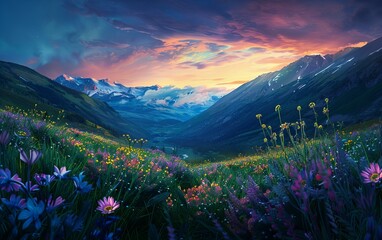 Obraz premium A high mountain meadow with wildflowers, under a sky streaked with the colors of the dawn