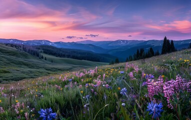 A high mountain meadow with wildflowers, under a sky streaked with the colors of the dawn