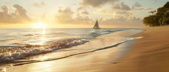 Rolgordijnen A long stretch of tropical beach, the water's edge kissed by golden sunlight, a distant sailboat on the horizon © Lemar