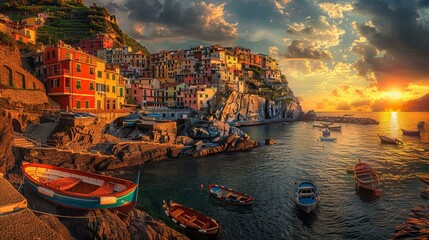 A panoramic view of a coastal village at sunset, the houses painted in warm colors, with boats bobbing in the harbor - obrazy, fototapety, plakaty
