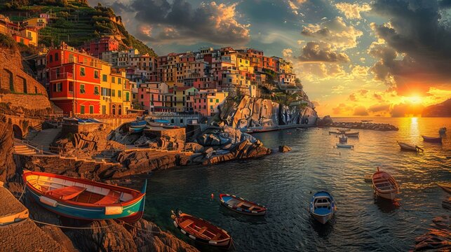 A panoramic view of a coastal village at sunset, the houses painted in warm colors, with boats bobbing in the harbor