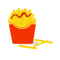 french fries in bucket illustration with tomato ketchup .
