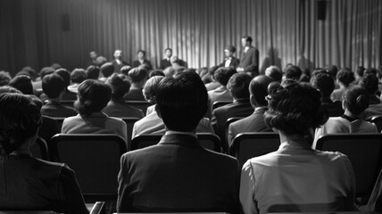 A rear view of people seated in the audience at a conference hall, engaged and attentive, possibly listening to a speaker or participating in a conference session.
