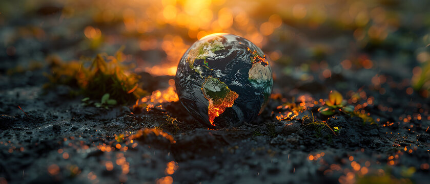Globe on the ground sunset light, world and the environment, earth day, Peace and environment eco-friendly symbol illustration, Background cover banner ultrawide 7:3 copy space