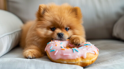 Cute puppy biting a doughnut with sprinkles, warm home background.