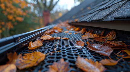 The roof gutter became clogged with leaves and debris, causing damage to the plastic leaf screen and gutter guard. Clogged roof gutters, copy space - obrazy, fototapety, plakaty