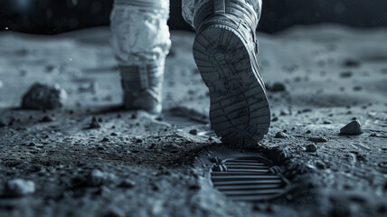 The astronaut's feet touch the surface of the moon, taking steps in a space suit and boots. - 749885975